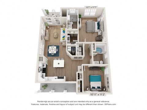 a stylized floor plan of a 1 bedroom floor plan